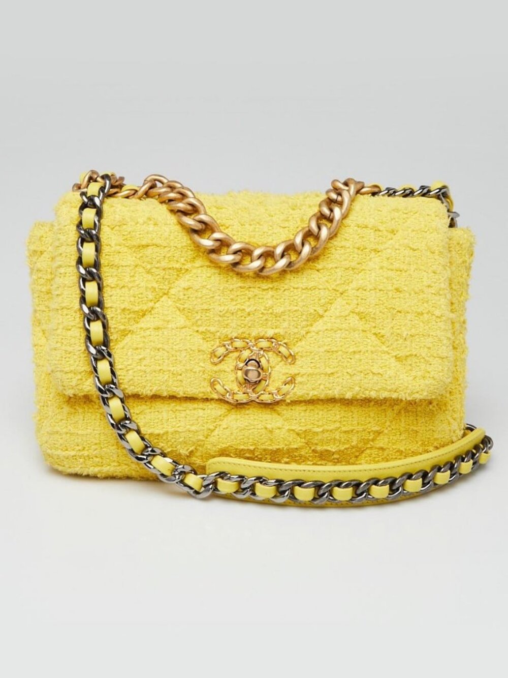 Chanel Yellow/Beige Quilted Tweed Small Chanel 19 Bag